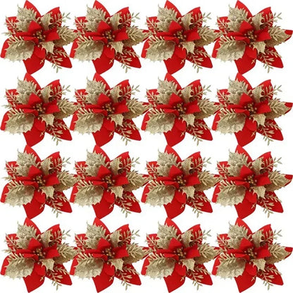 Flores Natal Glitter Artificial 5/10/20/30 peças de Poinsétia de Flores de Natal e Purpurina
