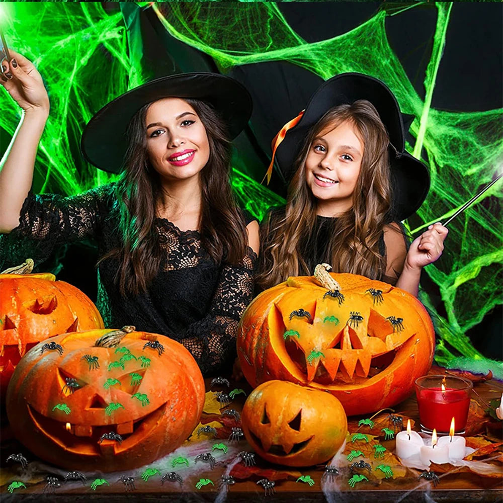 Teia aranha fluorescente de Halloween, teia de aranha macia, cena assustadora, adereços