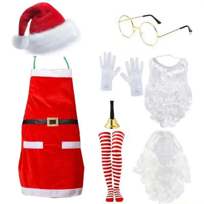Kit Fantasia Papai Noel Adulto Com Avental E Óculos - 7 Peças, Avental Papai Noel Natalino Com Barba Gorro