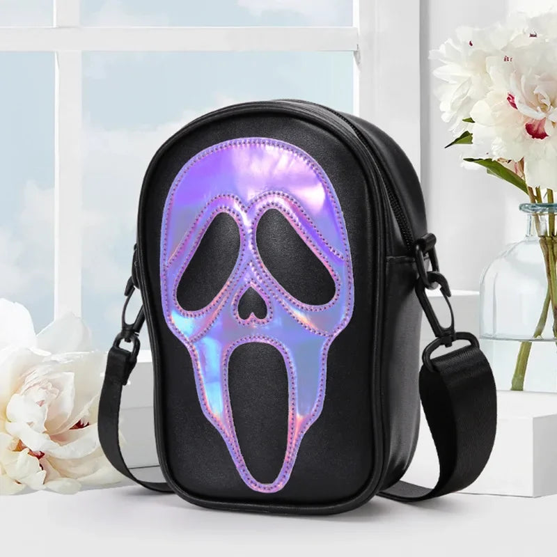 Bolsa transversal com rosto de fantasma refletivo de Halloween para mulheres e homens