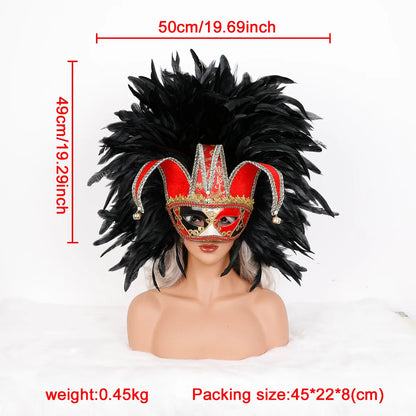 Máscara Veneziana Arlequim com Penacho de Plumas Pretas (Máscara de Bobo da Corte / Carnaval Veneziano)