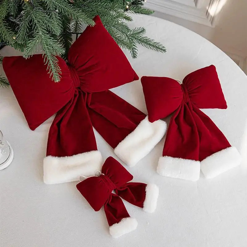 Laço de Natal em Veludo Vermelho, Decoração Luxuosa para Porta, Enfeite Árvore de Natal