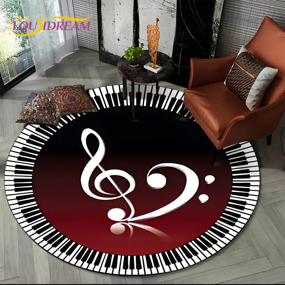 Tapete Redondo Antiderrapante com Estampa Colorida Teclas de Piano e Símbolos 150cm