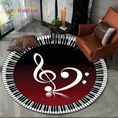 Tapete Redondo Antiderrapante com Estampa Colorida Teclas de Piano e Símbolos 150cm