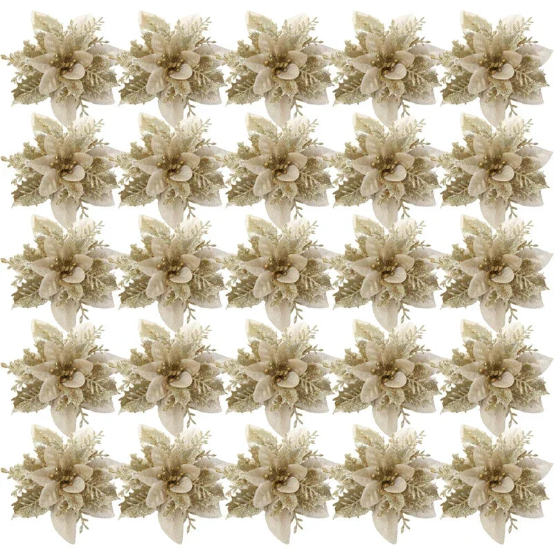 Flor Vermelha Natalina com Glitter  Flores Natal Artificiais Glitter de 14 cm, 5/10/20/50 Peças