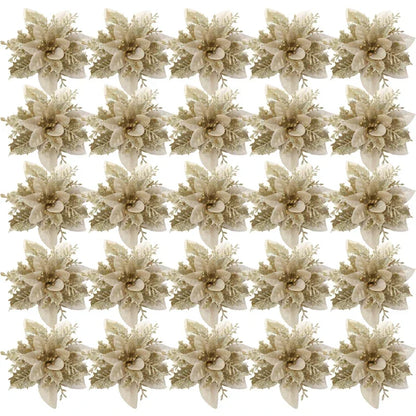 Flor Vermelha Natalina com Glitter  Flores Natal Artificiais Glitter de 14 cm, 5/10/20/50 Peças