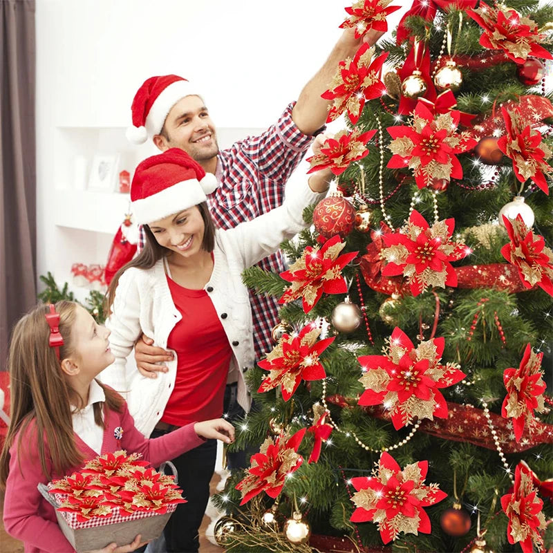 Flor de 5/10 Peças Poinsétia Artificial com Glitter e Enfeites de Natal para shopping