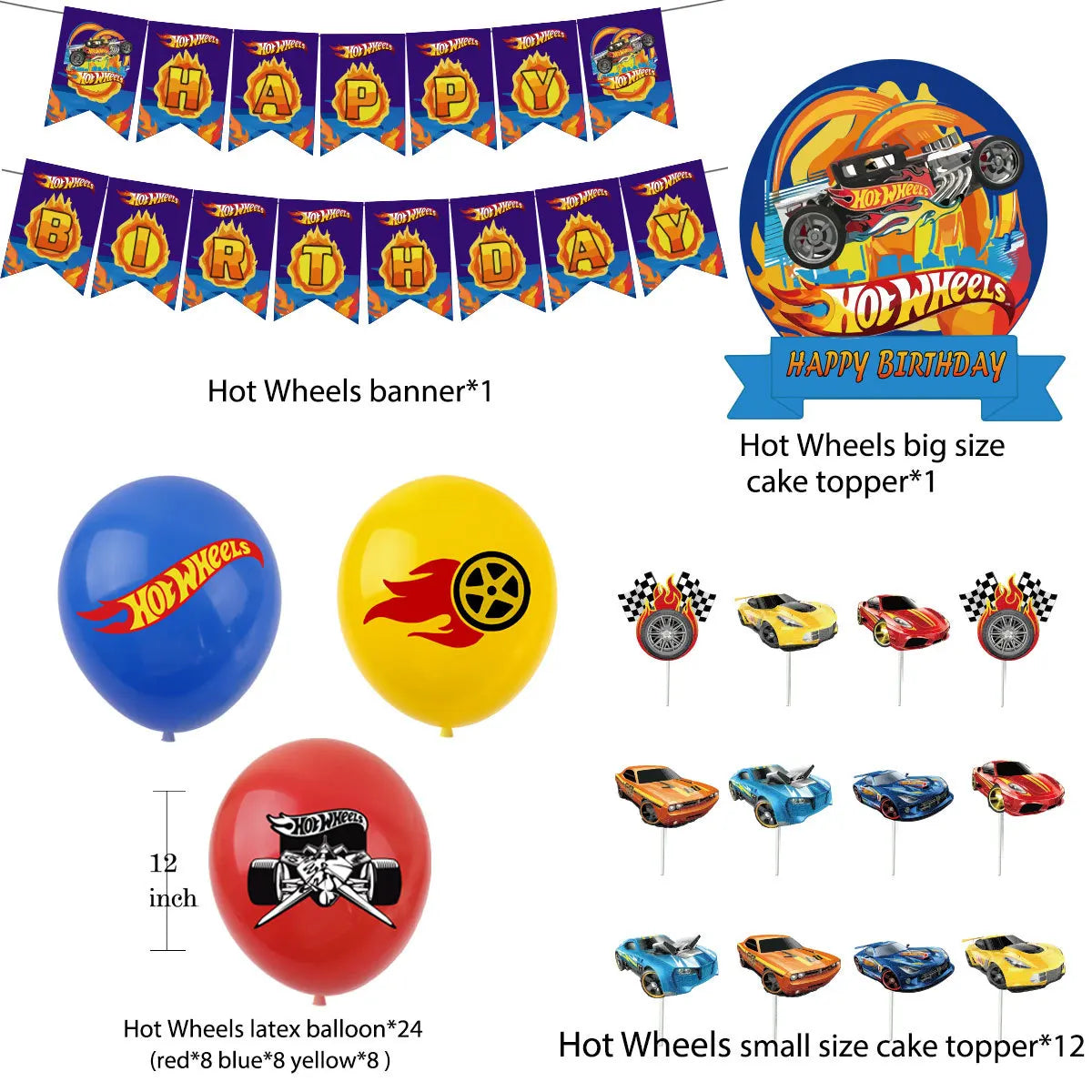 Kit Festa Hot Wheels com Balões e Decorações de Aniversário (23 peças)