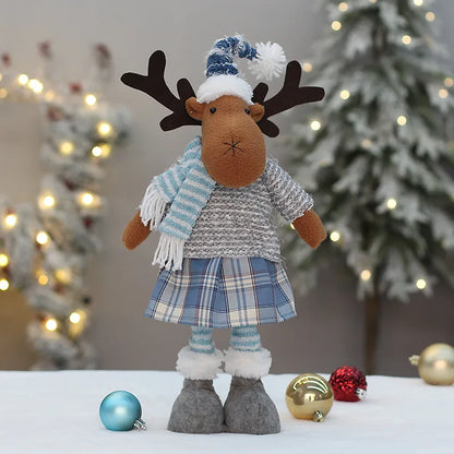 Boneca Papai Noel | Azul Xadrez Papai Noel de Neve Elk Recheado Boneca de Pelúcia