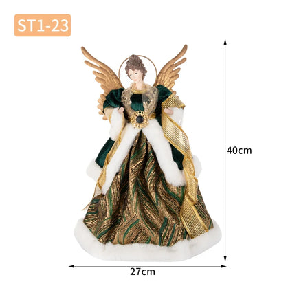 Enfeite de árvore de anjo de Natal asas douradas, elegante estatueta anjo vestido verde