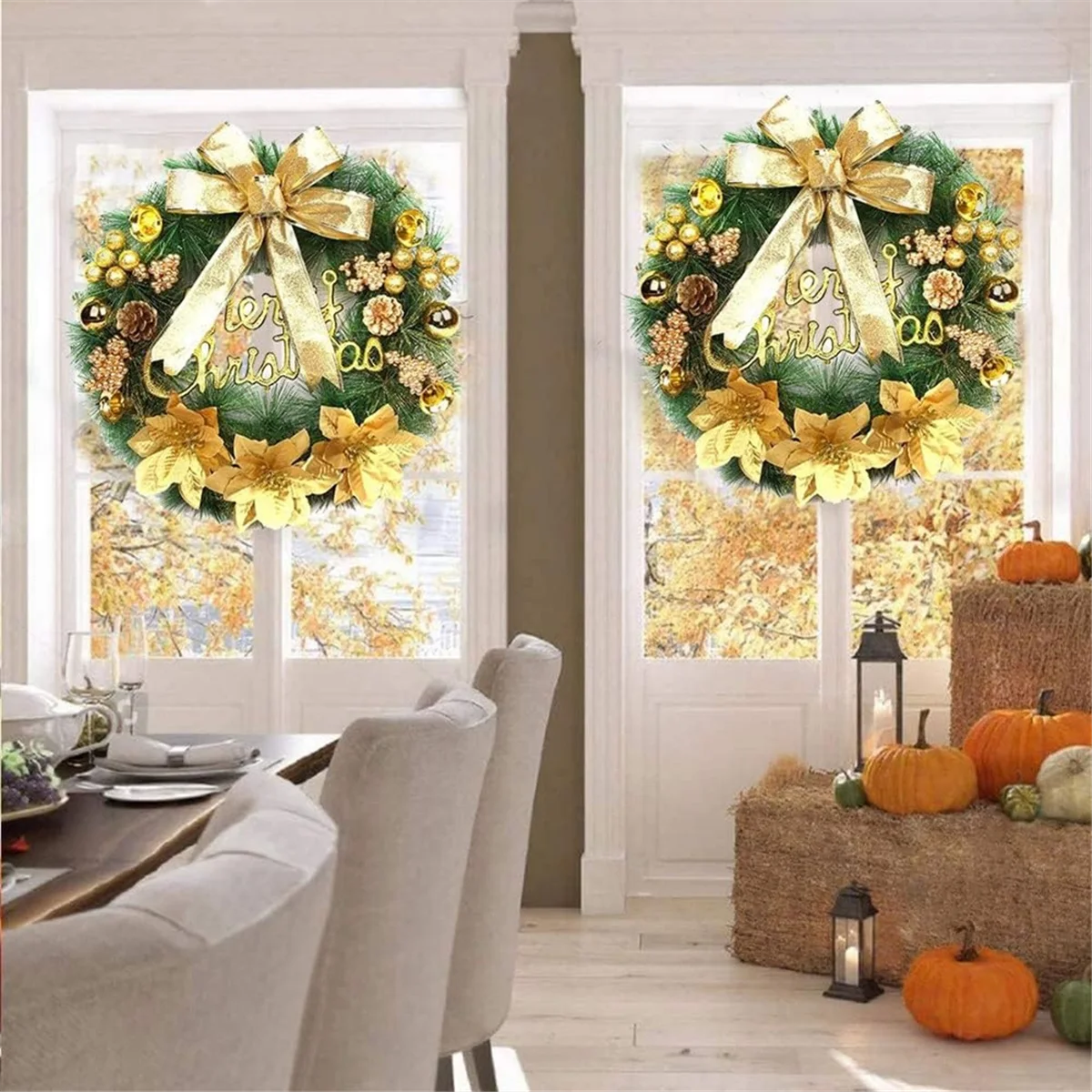 Guirlanda de Natal artificial, guirlanda de porta de entrada feita à mão com laço dourado