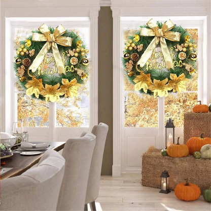 Guirlanda de Natal artificial, guirlanda de porta de entrada feita à mão com laço dourado