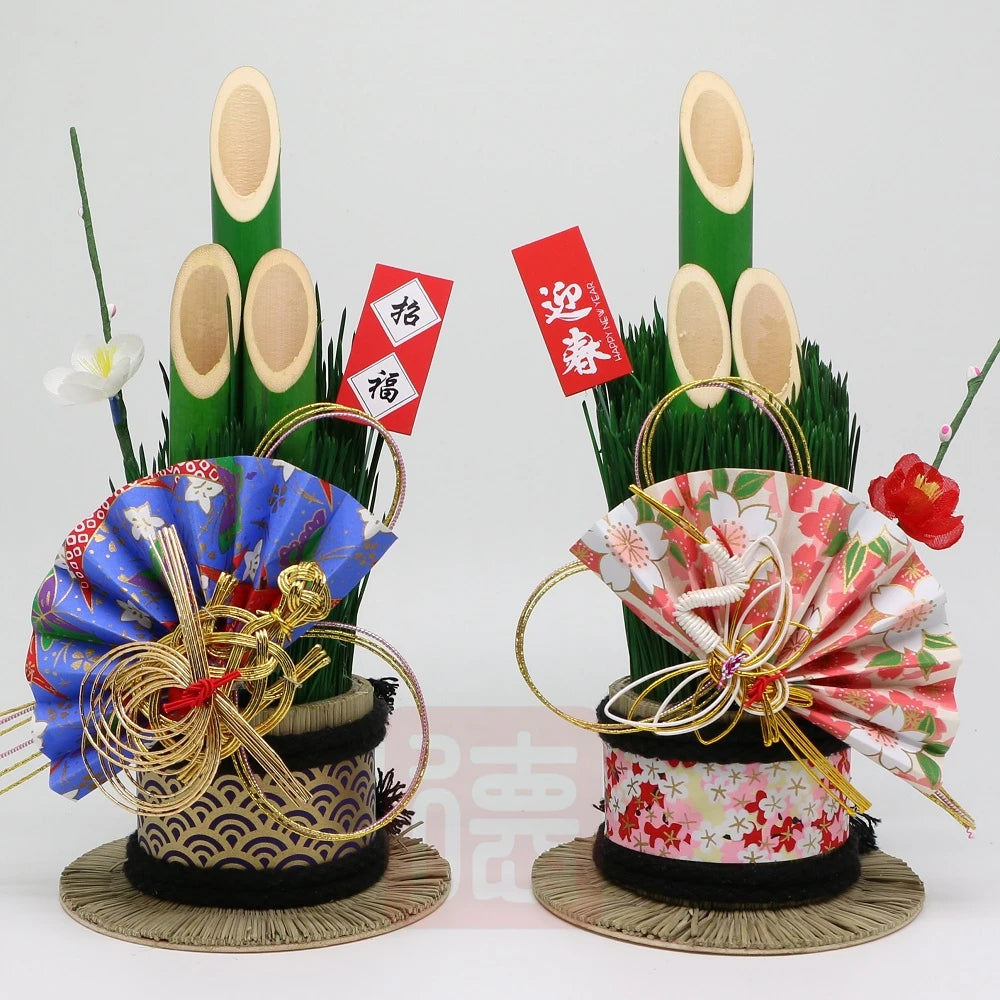 Vaso Três Tubos Leque Dourado com Placa de Madeira, Adorno de Mesa de Ano Novo Japonês (Kadomatsu)