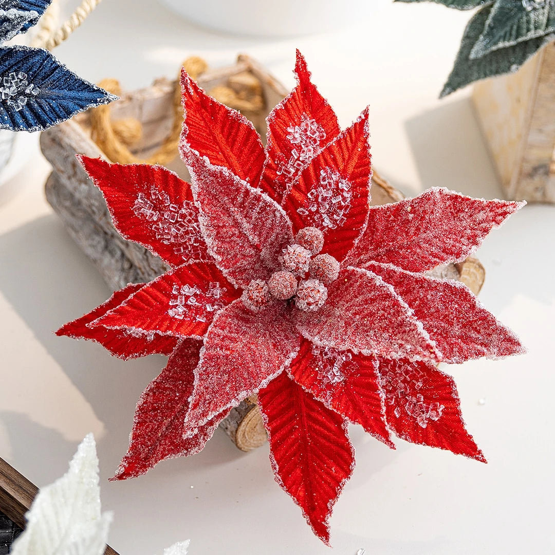 Flor De Natal Poinsétia Vermelho C/ Branco Enfeite e Árvore Terracota