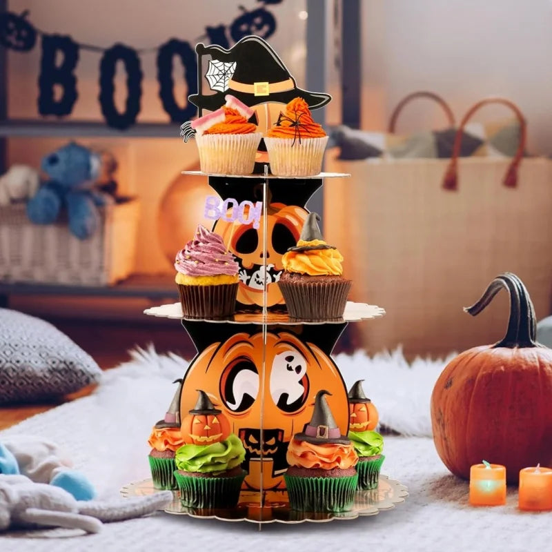 Suporte de Cupcake de Halloween de 3 Camadas Torre e Bolo Torre Morcego de Abóbora