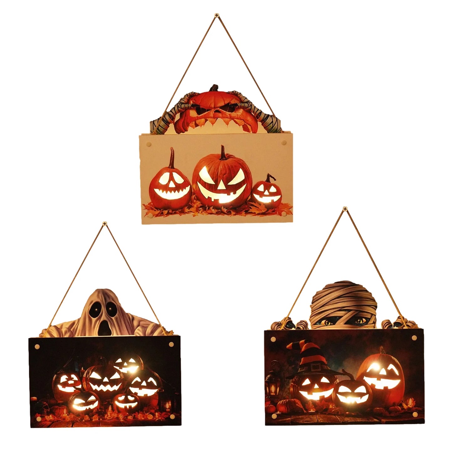 Decorações de placas de suspensão Happy Halloween, luz de LED, fantasma abóbora