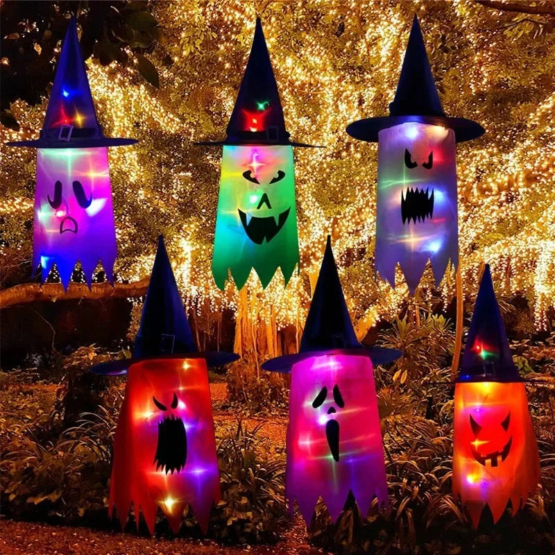 10 Peças de decoração suspensa de Halloween, chapéus de bruxa fantasma iluminados