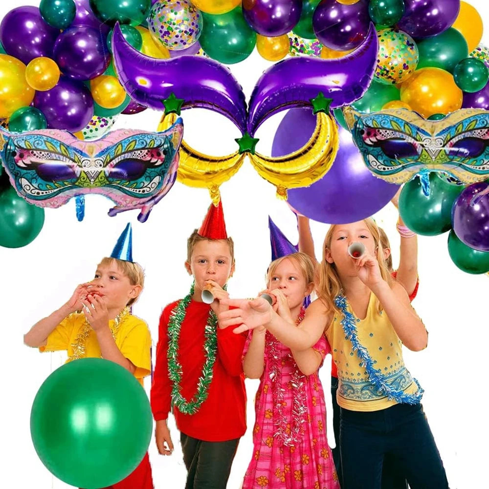 Kit de arco de guirlanda de balões de carnaval, 114 peças, ouro verde roxo balões