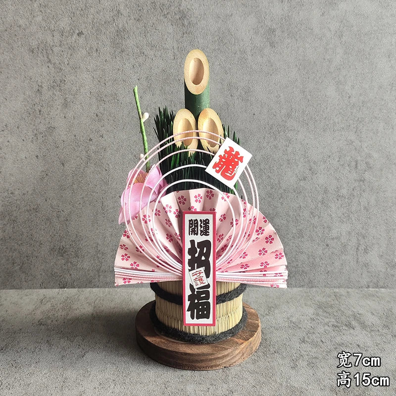 Vaso Três Tubos Leque Dourado com Placa de Madeira, Adorno de Mesa de Ano Novo Japonês (Kadomatsu)