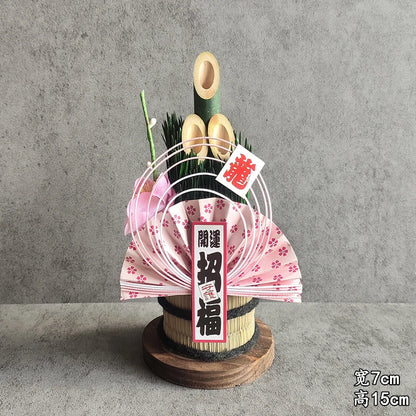 Vaso Três Tubos Leque Dourado com Placa de Madeira, Adorno de Mesa de Ano Novo Japonês (Kadomatsu)