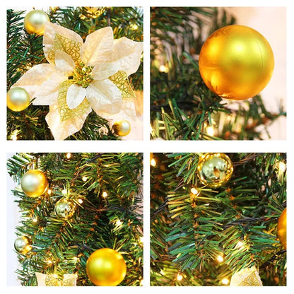 Guirlanda de Natal Artificial Pré-iluminada, Vime Verde Decorações de Flores Prateadas