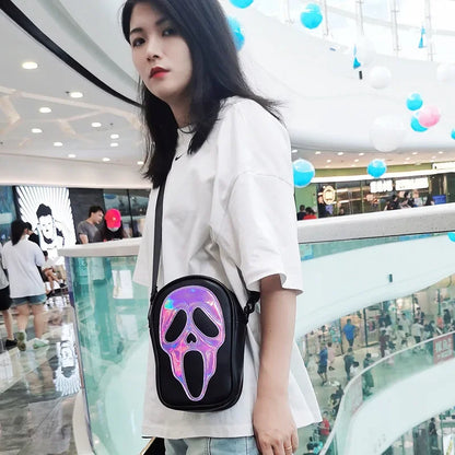 Bolsa transversal com rosto de fantasma refletivo de Halloween para mulheres e homens