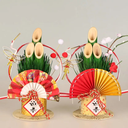 Vaso Três Tubos Leque Dourado com Placa de Madeira, Adorno de Mesa de Ano Novo Japonês (Kadomatsu)