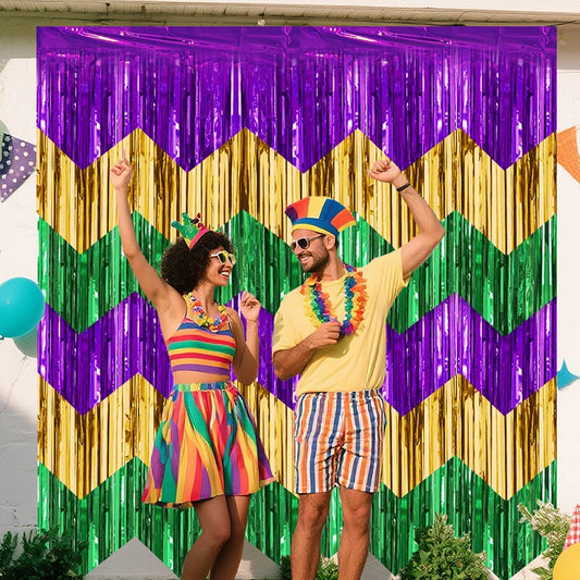 Cortina Ondulado Carnaval Pacote com 4, 9,5 cm x 2,8 m, dourado, verde e roxo