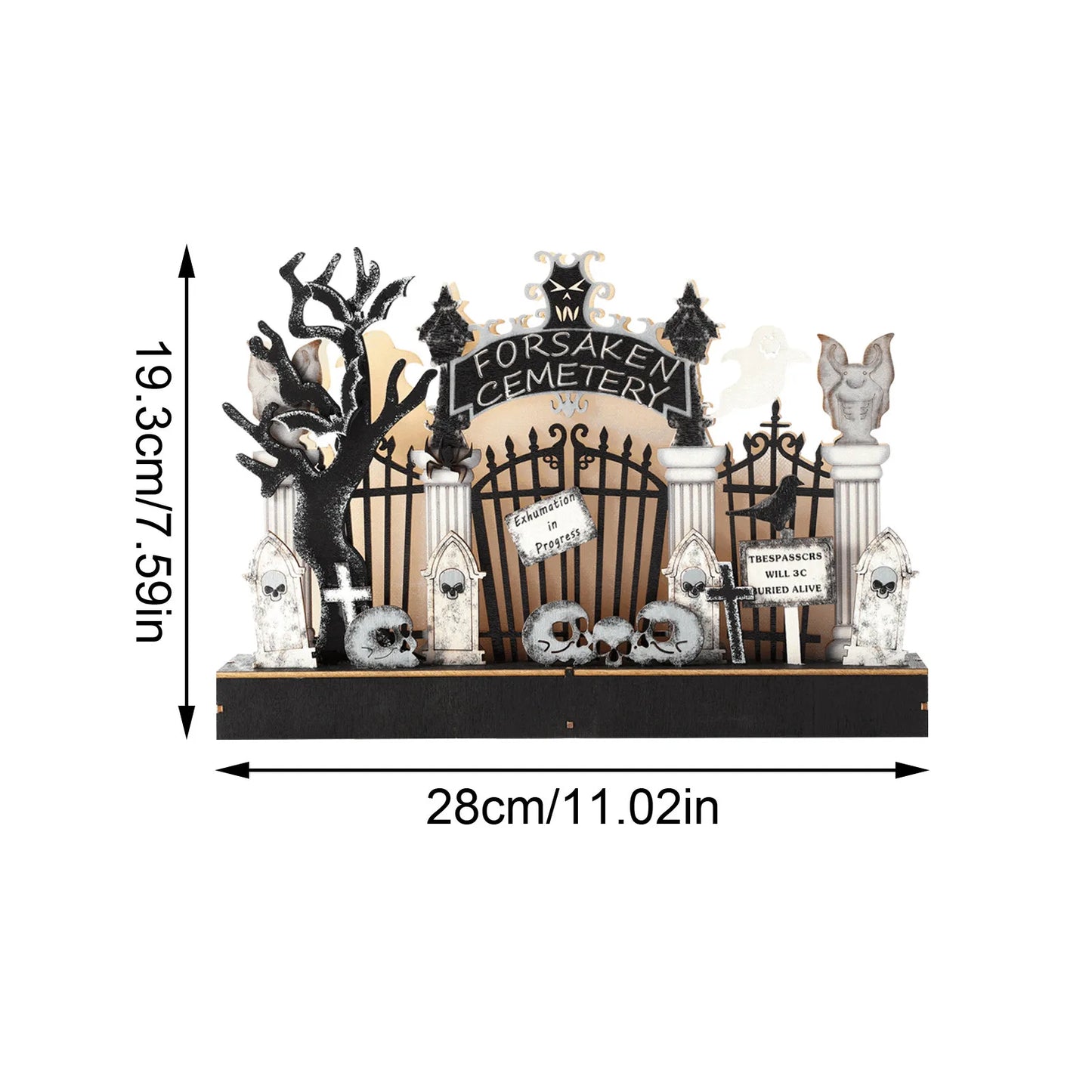 Luminária de mesa para cemitério assustador, decoração de madeira para Halloween