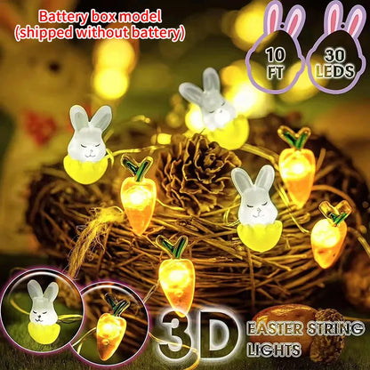 Cordão de Coelho LED Luzes de Páscoa, decorações de primavera de ovo coelho e cenoura