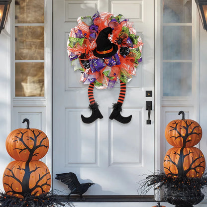 Guirlanda de Halloween de bruxa feliz, decoração de porta de abóbora com pernas