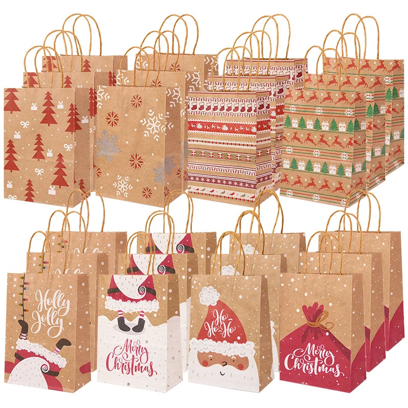 Kit de Sacolas Kraft para Embalagem e Presente - Estampa de Natal - 5 unidades -Natalina