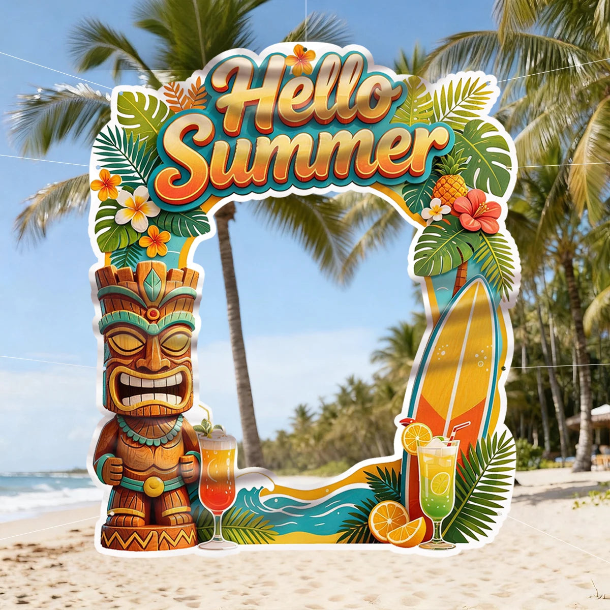 Moldura para Fotos com Tema Havaiano/Tropical com a Inscrição "Olá, Verão" Painéis Tema Havaiano/Tropical