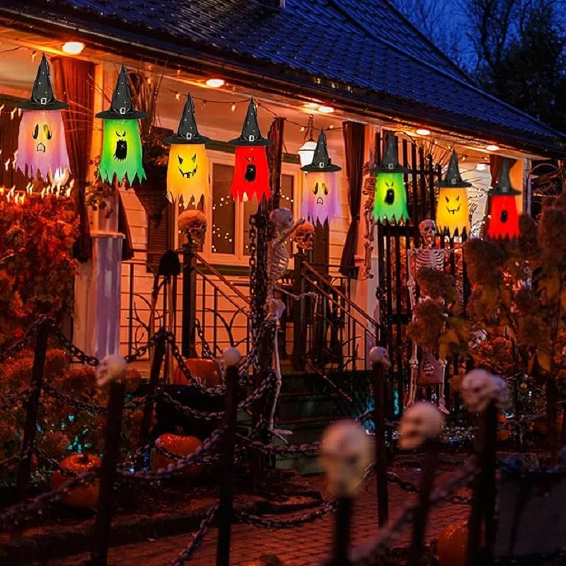 10 Peças de decoração suspensa de Halloween, chapéus de bruxa fantasma iluminados
