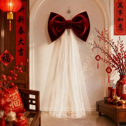 Laço de Veludo com Cauda Longa em Tule/Organza, Ornamento para Árvore de Natal e Shopping