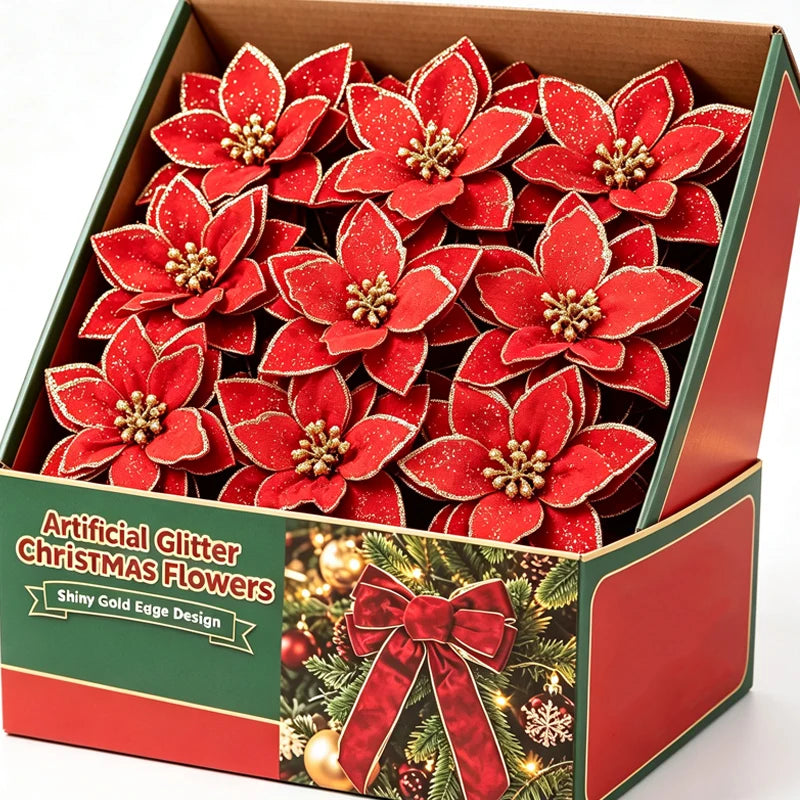 Flores Natal Glitter Artificial 10/100 peças de Enfeite de Árvore de Natal de Poinsétia Glitter