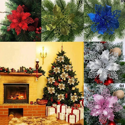 10 Peças de flores artificiais de poinsétia com glitter de Natal, decorações de flores