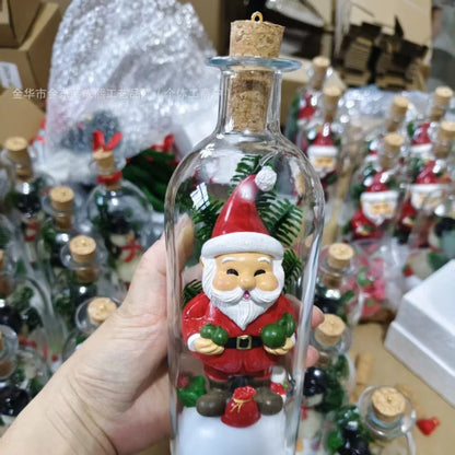 Enfeites de Natal Luminosos em Formato de Garrafa de Vidro com Miniaturas de Árvore de Natal e Papai Noel