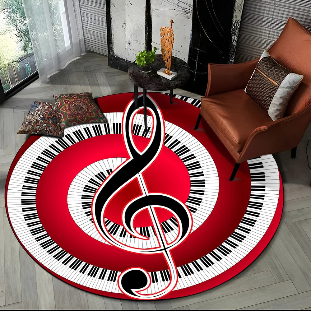 Tapete Redondo Antiderrapante com Estampa Colorida Teclas de Piano e Símbolos 150cm