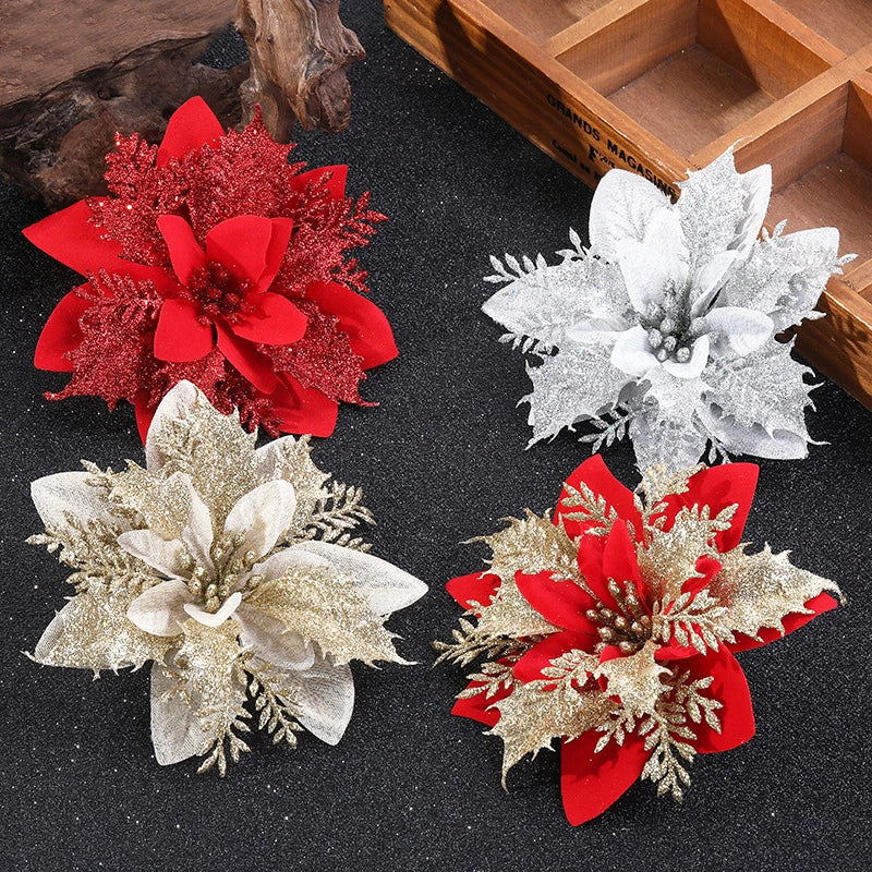 Flor Vermelha Natalina com Glitter  Flores Natal Artificiais Glitter de 14 cm, 5/10/20/50 Peças