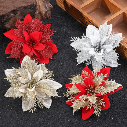 Flor Vermelha Natalina com Glitter  Flores Natal Artificiais Glitter de 14 cm, 5/10/20/50 Peças
