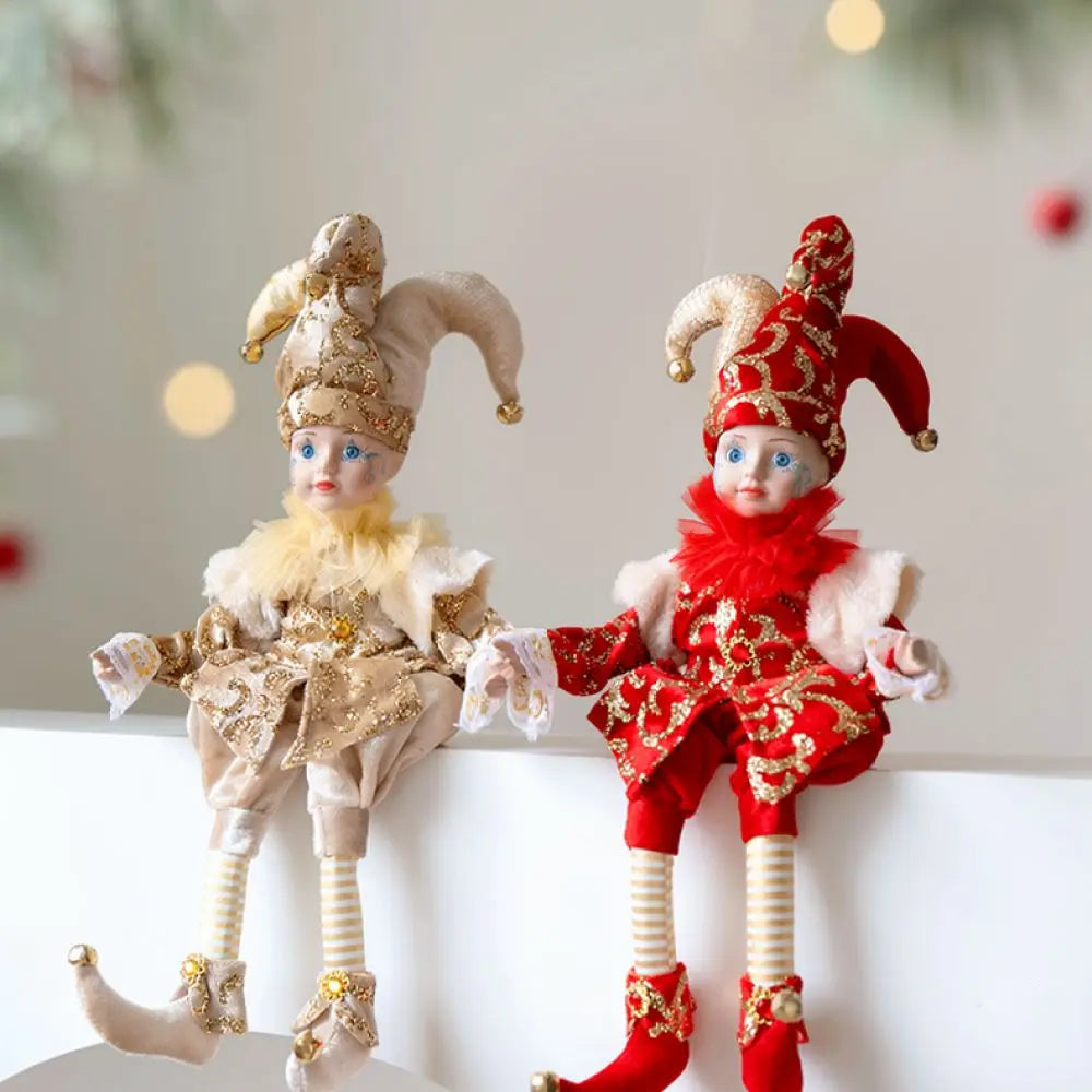 Bonecos Decorativos de Palhaço ou Pierrot de Natal com Pernas Articuladas em Tons Dourado, Vermelho, Prata