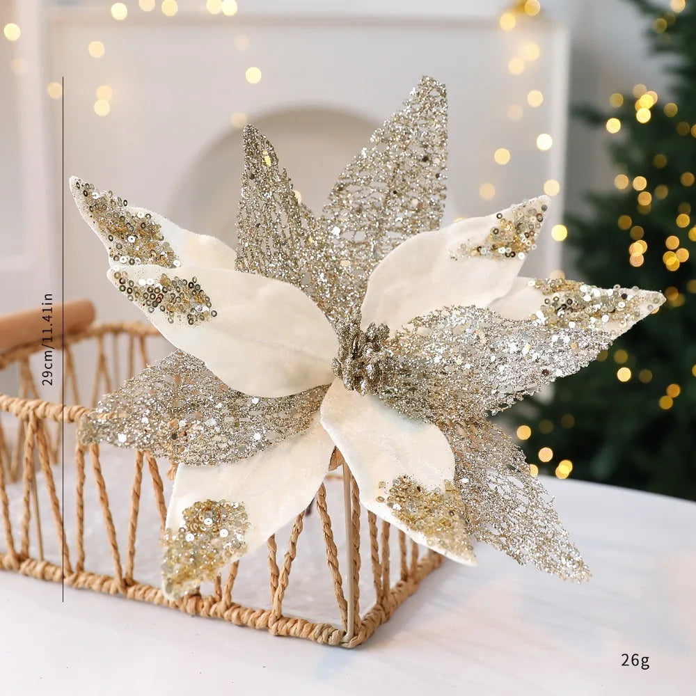 Flor Bico de Papagaio Natal Escolha Veludo Champanhe Glitter e Lantejoulas Luxo 29cm