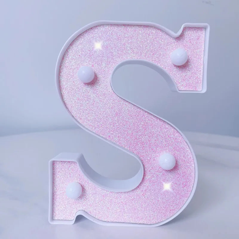 Letra de LED para letreiro de letreiro, letras rosa iluminadas com glitter alfabeto letrado