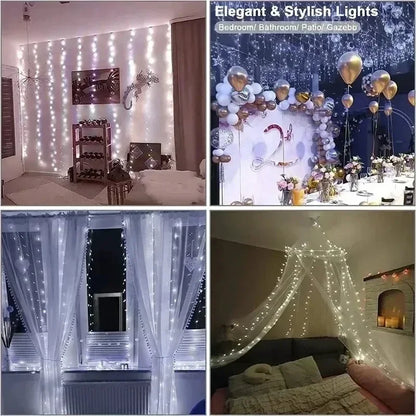 Cortina luz led pisca ou fixa 300 leds 3x3m Natal Festas Decorações USB  (Branco frio)