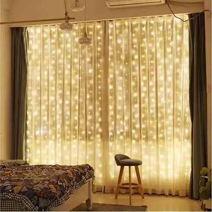 Cortina luz led pisca ou fixa 300 leds 3x3m Natal Festas Decorações USB  (Branco frio)