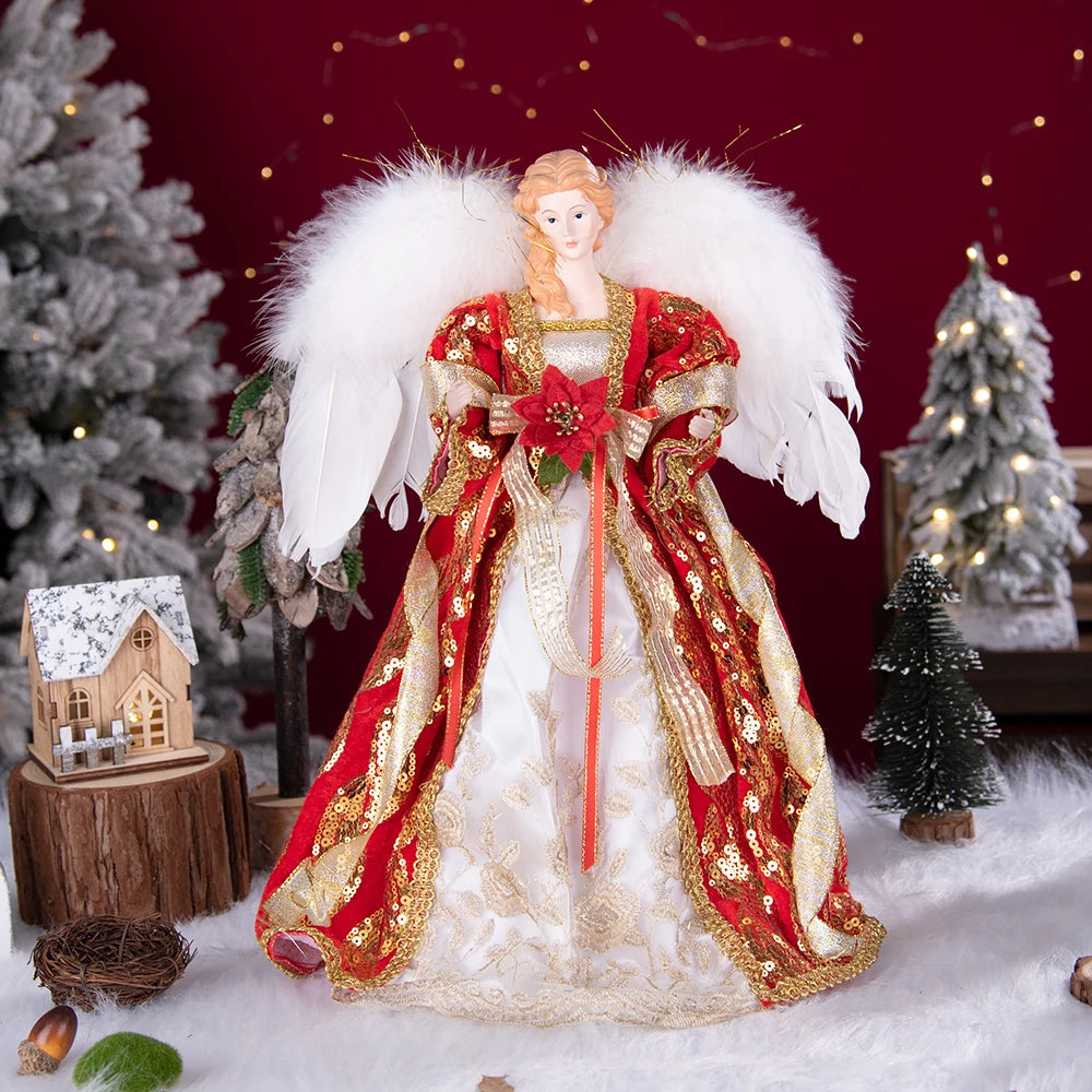 Enfeite de árvore de anjo de Natal asas douradas, elegante estatueta anjo vestido verde