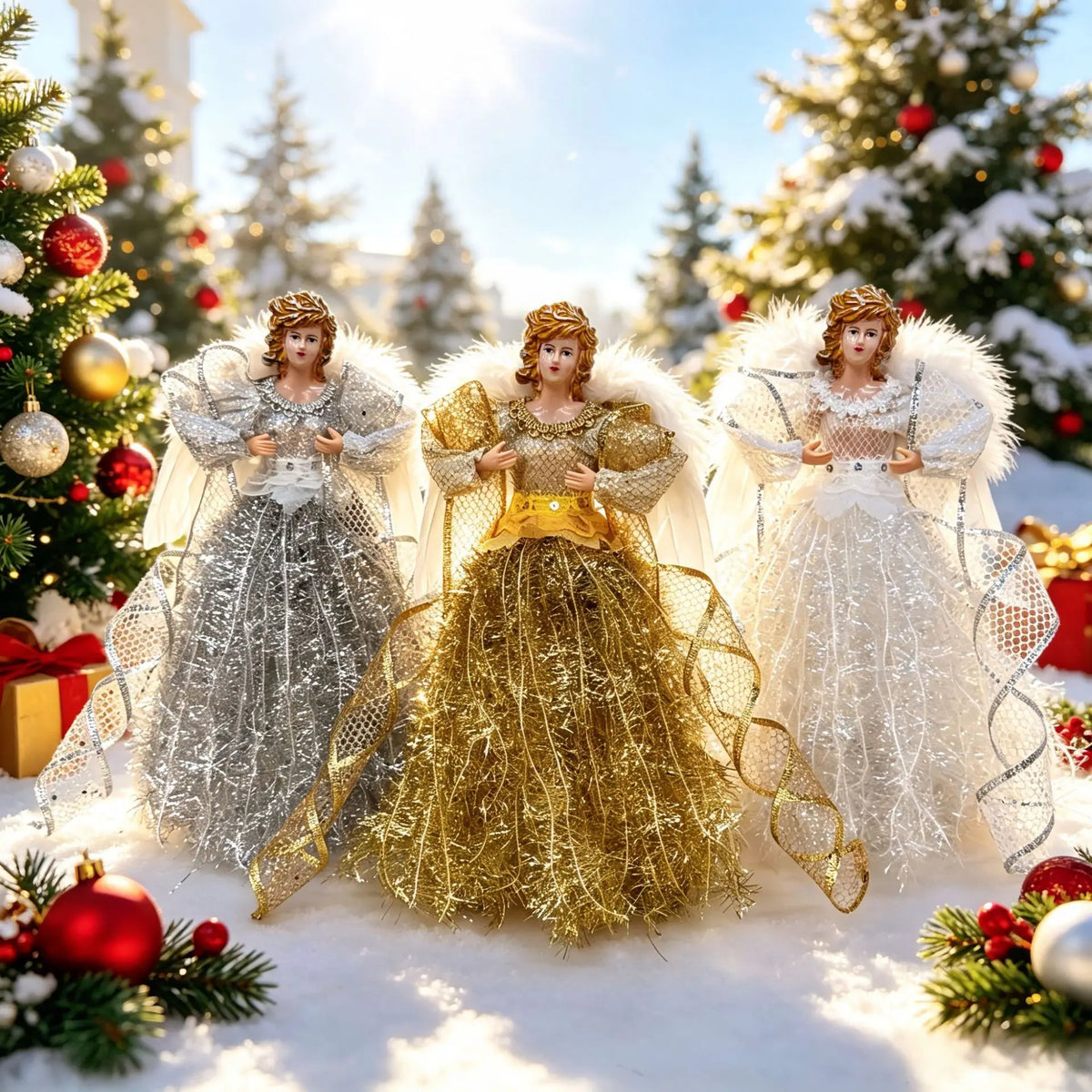 Anjos Natalinos Vestidos Brilhantes São Perfeitos Ponteira de Árvore de Natal 30cm*11.8 Pol./16cm*6.3 Pol.