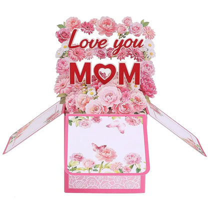 Cartão pop-up feliz Dia das Mães, buquê de flores 3D cartão comemorativo com envelope