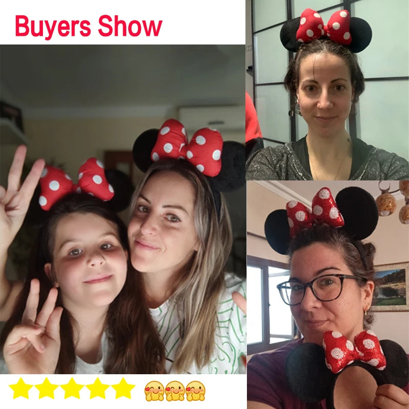 Tiara de orelhas de Disney iluminada de luxo com laço piscante e estampa de bolinhas